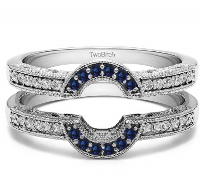0.21 Ct. Sapphire and Diamond Filigree Millgrained Vintage Halo Ring Guard