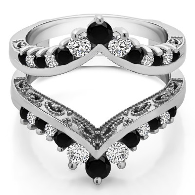 0.98 Ct. Black and White Stone Filigree Vintage Wedding Ring Guard