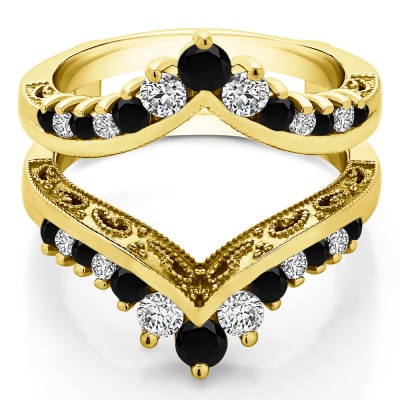 0.98 Ct. Black and White Stone Filigree Vintage Wedding Ring Guard in Yellow Gold