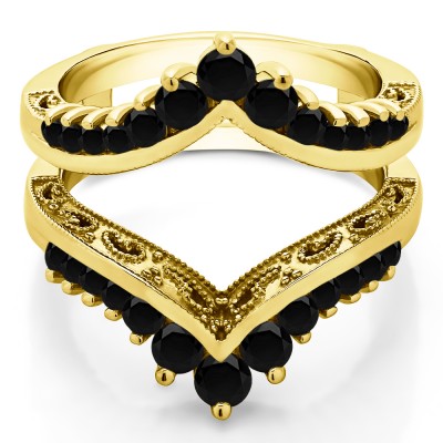 0.98 Ct. Black Stone Filigree Vintage Wedding Ring Guard in Yellow Gold