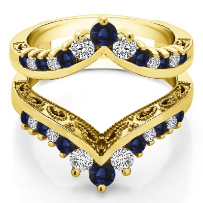 0.98 Ct. Sapphire and Diamond Filigree Vintage Wedding Ring Guard in Yellow Gold