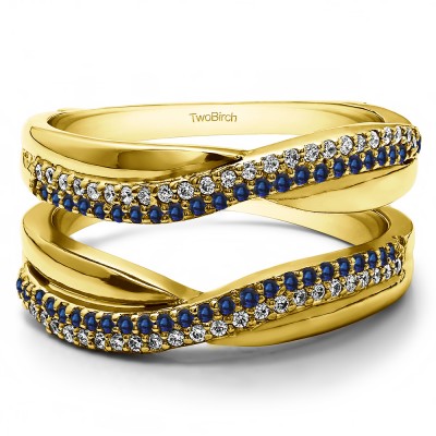 0.47 Ct. Sapphire and Diamond Double Row Pave Set Curved Guard Enhancer in Yellow Gold