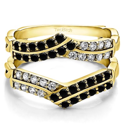 0.66 Ct. Black and White Stone Double Row Criss Cross Ring Guard Enhancer in Yellow Gold