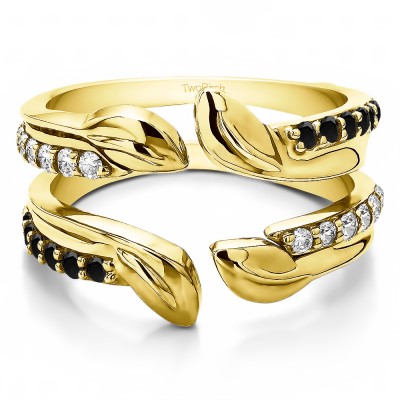 0.46 Ct. Black and White Stone Open Leaf Ring Guard in Yellow Gold
