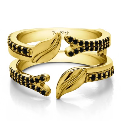 0.33 Ct. Black Stone Open Ended Double Leaf Wedding Ring Guard in Yellow Gold