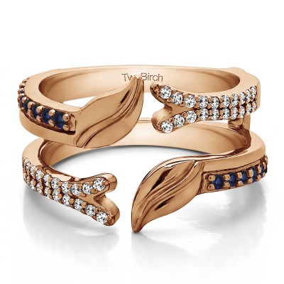 0.33 Ct. Sapphire and Diamond Open Ended Double Leaf Wedding Ring Guard in Rose Gold