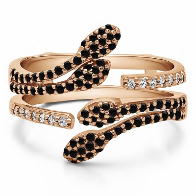 0.43 Ct. Black and White Stone Double Leaf Pave Set Wedding Ring Guard in Rose Gold