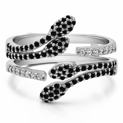 0.43 Ct. Black and White Stone Double Leaf Pave Set Wedding Ring Guard