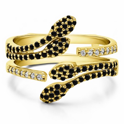 0.43 Ct. Black and White Stone Double Leaf Pave Set Wedding Ring Guard in Yellow Gold