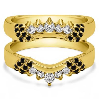 0.51 Ct. Black and White Stone Double Shared Prong Curved Ring Guard Enhancer in Yellow Gold