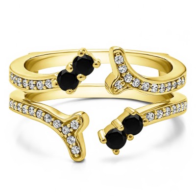 0.43 Ct. Black and White Stone Wishbone Shaped Shared Prong Ring Guard in Yellow Gold