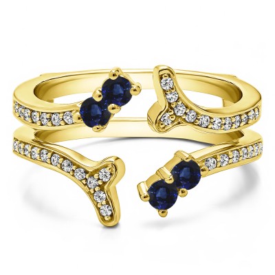 0.43 Ct. Sapphire and Diamond Wishbone Shaped Shared Prong Ring Guard in Yellow Gold
