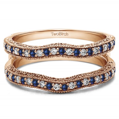 0.26 Ct. Sapphire and Diamond Contour Ring Guard with Millgrained Edges and Filigree Cut Out Design in Rose Gold