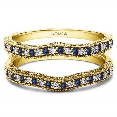 0.26 Ct. Sapphire and Diamond Contour Ring Guard with Millgrained Edges and Filigree Cut Out Design in Yellow Gold