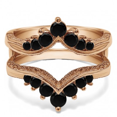 0.74 Ct. Black Stone Chevron Vintage Ring Guard with Millgrained Edges and Filigree Cut Out Design in Rose Gold