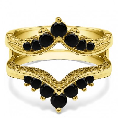 0.74 Ct. Black Stone Chevron Vintage Ring Guard with Millgrained Edges and Filigree Cut Out Design in Yellow Gold