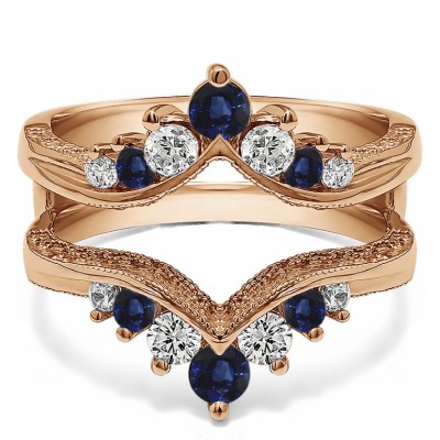 0.74 Ct. Sapphire and Diamond Chevron Vintage Ring Guard with Millgrained Edges and Filigree Cut Out Design in Rose Gold