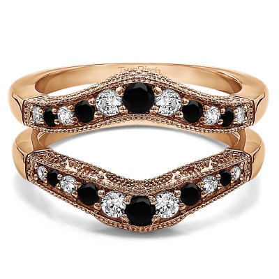 0.75 Ct. Black and White Stone Vintage Filigree and Milgrained Contour Ring Guard in Rose Gold