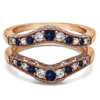 0.75 Ct. Sapphire and Diamond Vintage Filigree and Milgrained Contour Ring Guard in Rose Gold