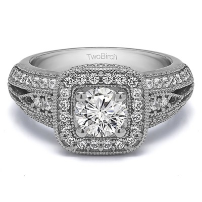 1.35 Ct. Round Vintage Halo Engagement Ring with Millgrained Edges