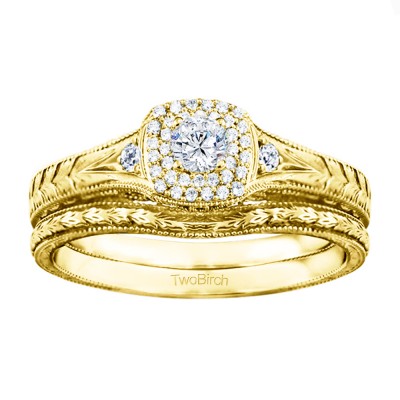 Three Stone Vintage Double Halo Engagement Ring Bridal Set (2 Rings) (0.48 Ct. Twt.)