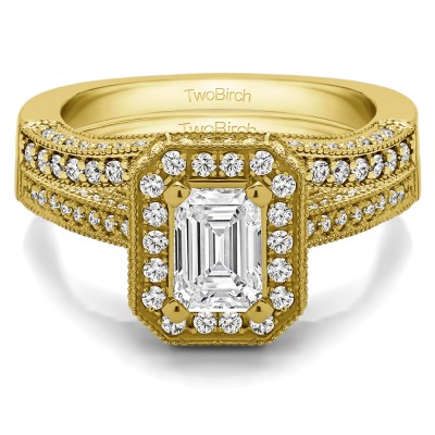 Emerald Cut Halo Filigree Vintage Engagement Ring Bridal Set (2 Rings) (1.74 Ct. Twt.)