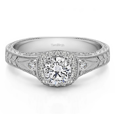 0.65 Ct. Round Three Stone Vintage Halo Engagement Ring with Engraved Shank