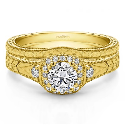 Round Three Stone Vintage Halo Engagement Ring Bridal Set (2 Rings) (0.65 Ct. Twt.)