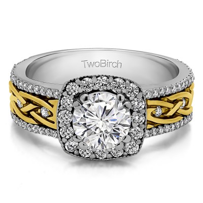 1.56 Ct. Round Halo Engagement Ring with Celtic Braided Shank in Two Tone Gold