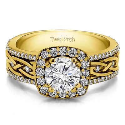 1.56 Ct. Round Halo Engagement Ring with Celtic Braided Shank in Yellow Gold