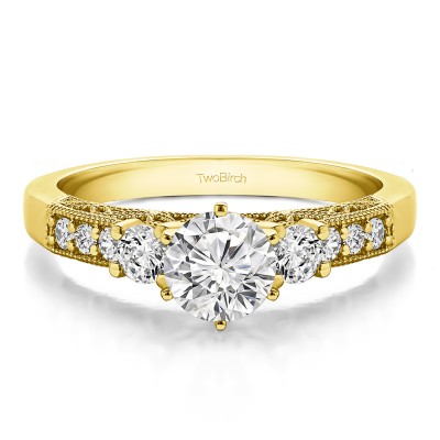 1.24 Ct. Round Three Stone Vintage Engagement Ring with Filigree in Yellow Gold
