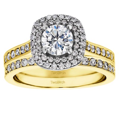 Round Double Halo Cathedral Engagement Ring Bridal Set (2 Rings) (1.46 Ct. Twt.)