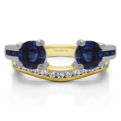 0.65 Ct. Sapphire and Diamond Two Stone Ring Wrap with Channel Set Band in Two Tone Gold