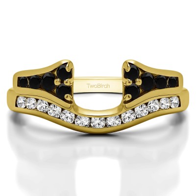 0.48 Ct. Black and White Round Channel Set Curved Anniversary Ring Wrap with Round  in Yellow Gold