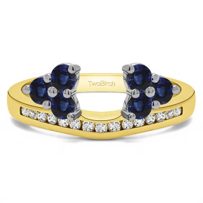 0.25 Ct. Sapphire and Diamond Round Cluster Contour Channel Set Anniversary Ring Wrap in Two Tone Gold