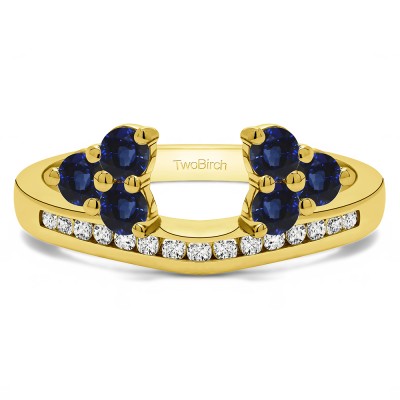 0.25 Ct. Sapphire and Diamond Round Cluster Contour Channel Set Anniversary Ring Wrap in Yellow Gold