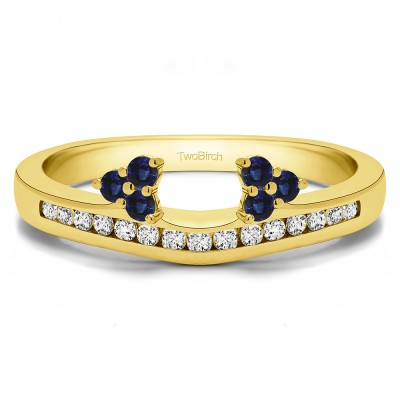 0.25 Ct. Sapphire and Diamond Round Cluster Contour Channel Set Anniversary Ring Wrap in Yellow Gold