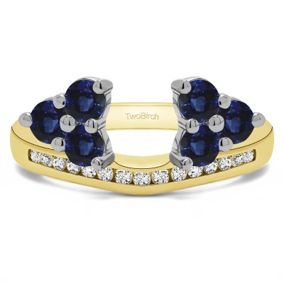 0.25 Ct. Sapphire and Diamond Round Cluster Contour Channel Set Anniversary Ring Wrap in Two Tone Gold