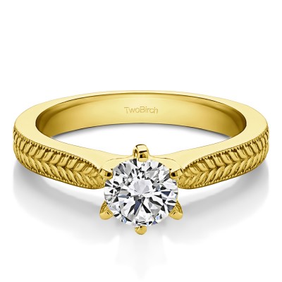 0.75 Carat Thin Engraved Pinched Shank Solitaire in Yellow Gold