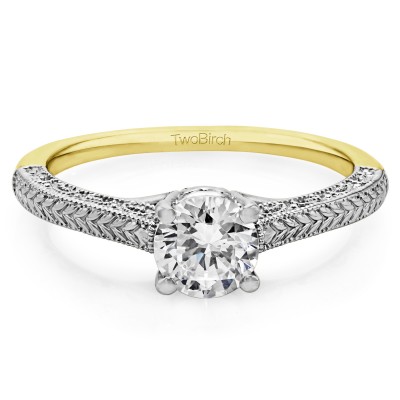 1 Carat Vintage Filigree Engraved Solitaire in Two Tone Gold