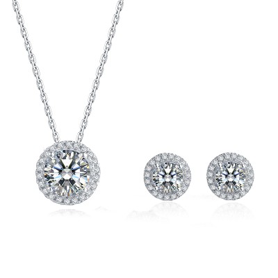 Platinum Plated Sterling Silver Moissanite Halo Stud Earrings (5 MM Round, 1 CT DEW, CERTIFIED) & Matching Halo Pendant (6.5 MM, 1 CT DEW, Certified)