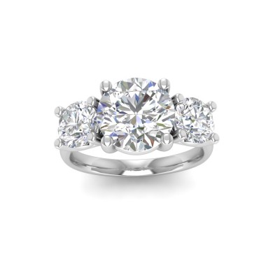 3.32  Carat Round Moissanite Three-Stone Engagement Ring in Gold (14 or 10K - White or Yellow Gold)