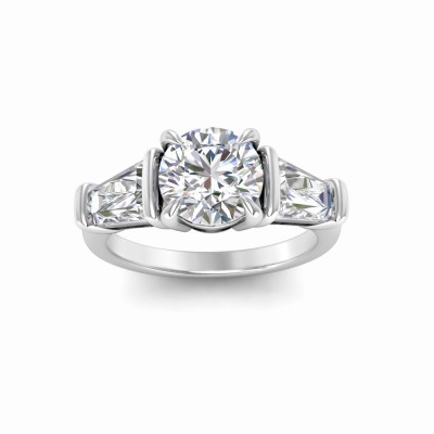 2.14 Carat Moissanite Engagement Ring with 1.5 CT Round Center stone and Tapered Baguette Moissanite Side Stones (GRA CERTIFIED)