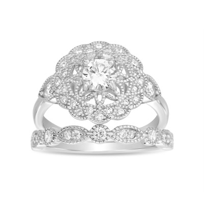 TwoBirch 18k White Gold Microplated Art Deco Floral Design Duo Bridal Ring Set Engagement Ring and Wedding Band with Cubic Zirconia (SET (2 RINGS)