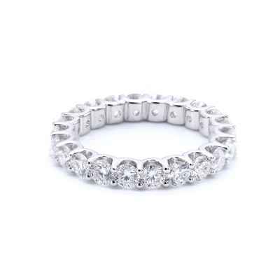 TwoBirch Platinum Plated Sterling Silver Double Shared Prong Round Cut Moissanite Eternity Ring (GRA CERTIFIED) (3 MM)