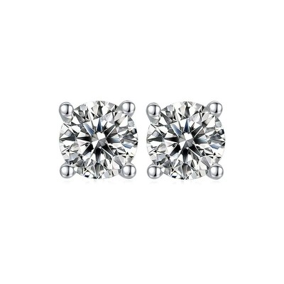 TwoBirch Round Moissanite Stud Earrings (2 CT DEW, Certified) Set in Sterling Silver or 14k White Gold