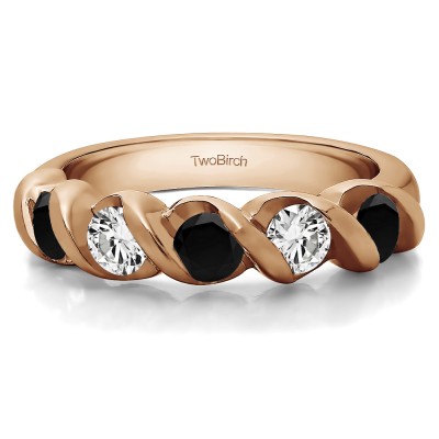 0.25 Carat Black and White Five Stone Swirl Set Wedding Band in Rose Gold