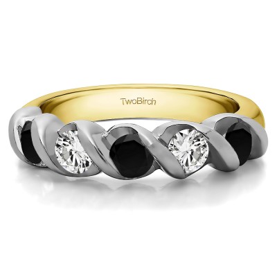 0.75 Carat Black and White Five Stone Swirl Set Wedding Ring in Two Tone Gold