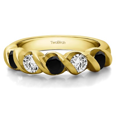0.75 Carat Black and White Five Stone Swirl Set Wedding Band in Yellow Gold
