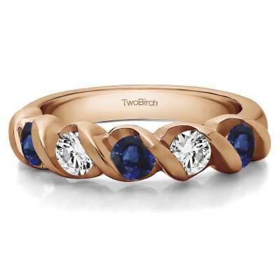 1 Carat Sapphire and Diamond Five Stone Swirl Set Wedding Band in Rose Gold